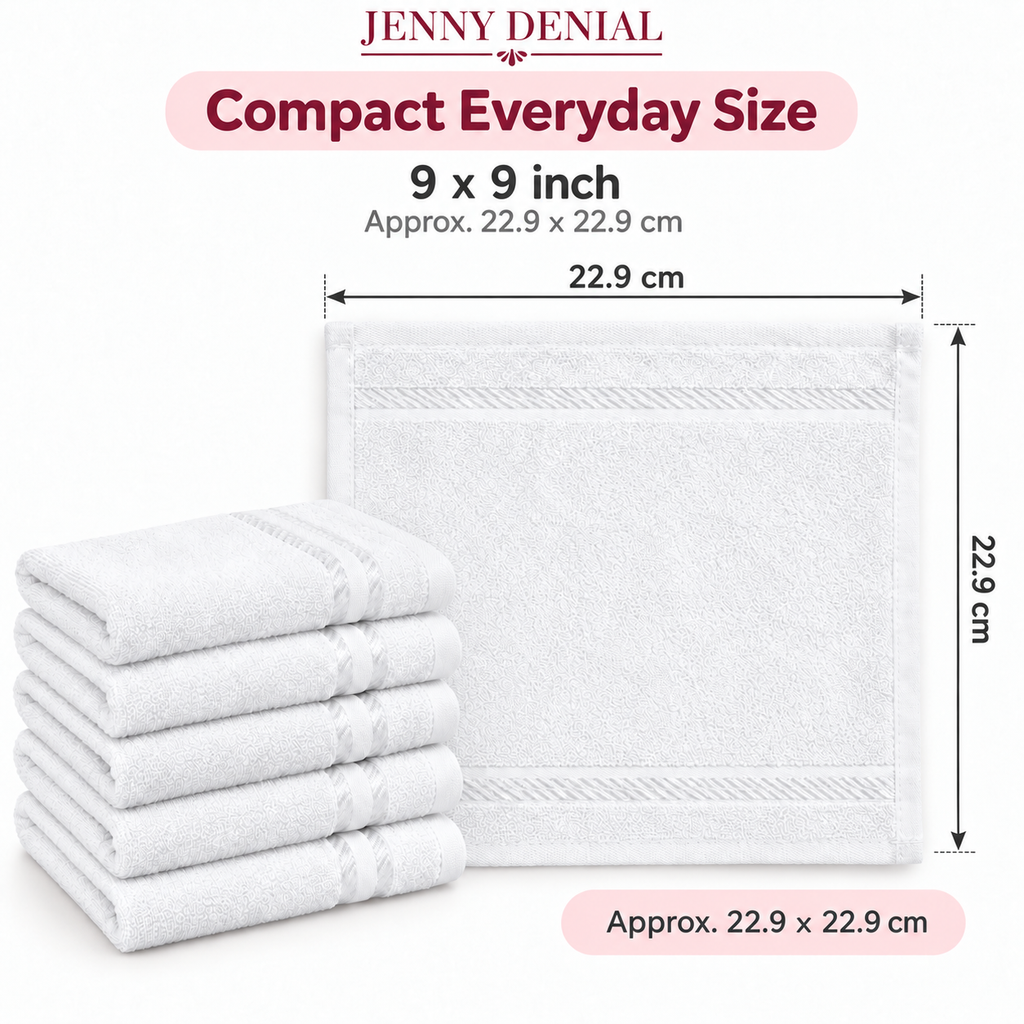 White cotton terry face towel size 9 x 9 inch, approximately 22.9 x 22.9 cm