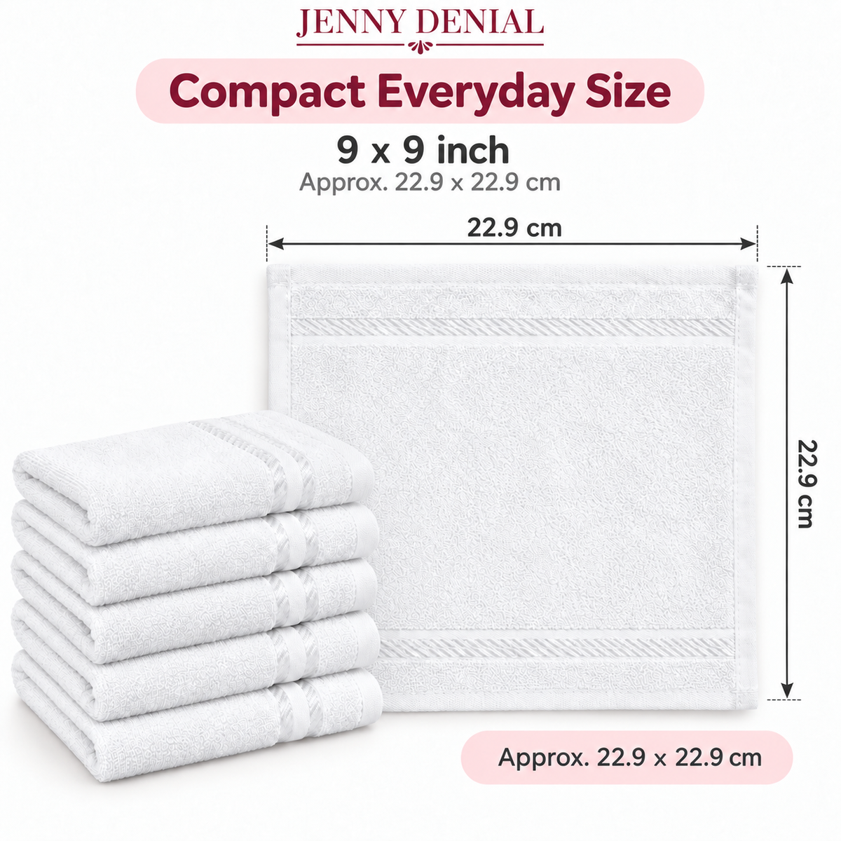 White cotton terry face towel size 9 x 9 inch, approximately 22.9 x 22.9 cm