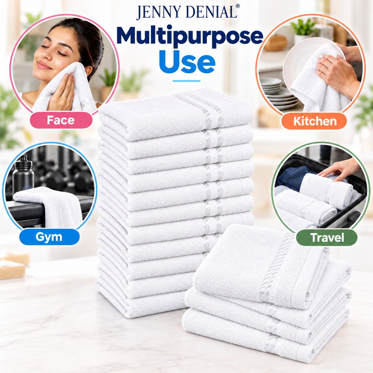 White cotton terry face towels for face, kitchen, gym and travel