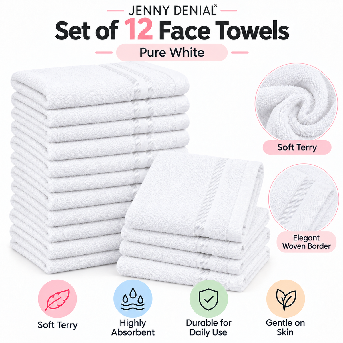Jenny Denial pure white cotton terry face towels set of 12
