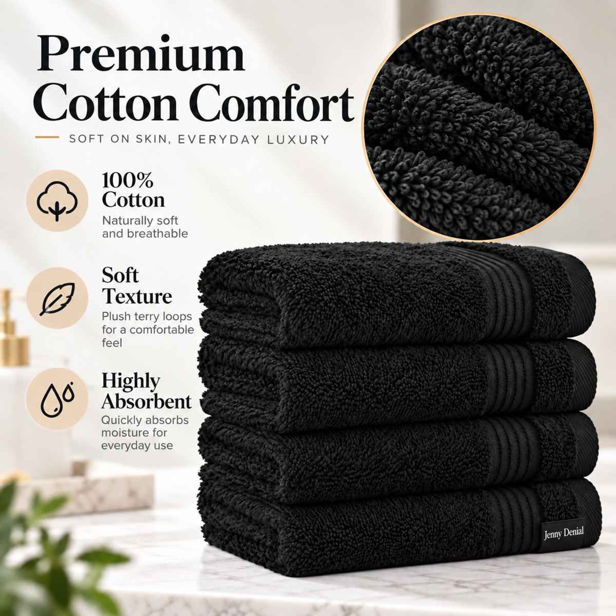 Jenny Denial black cotton hand towels