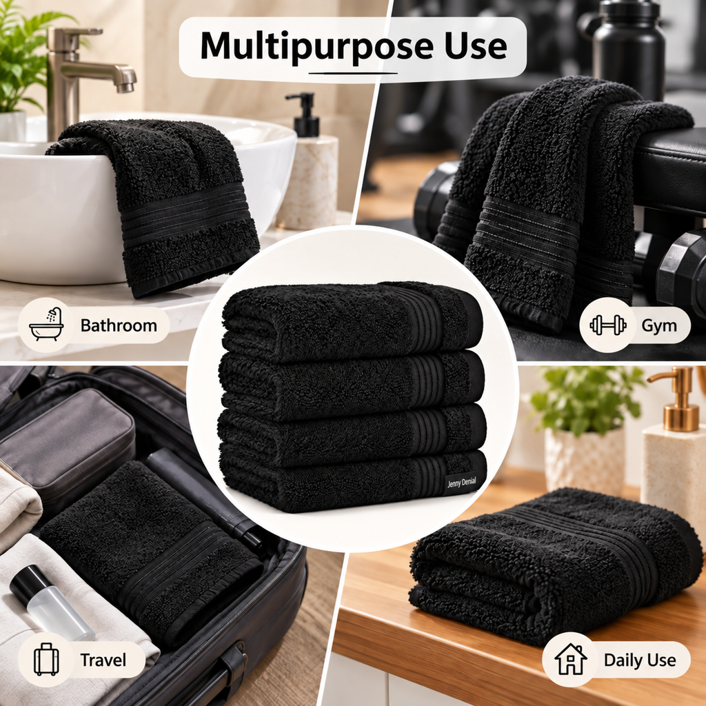 Jenny Denial black cotton hand towels bathroom gym travel and daily use