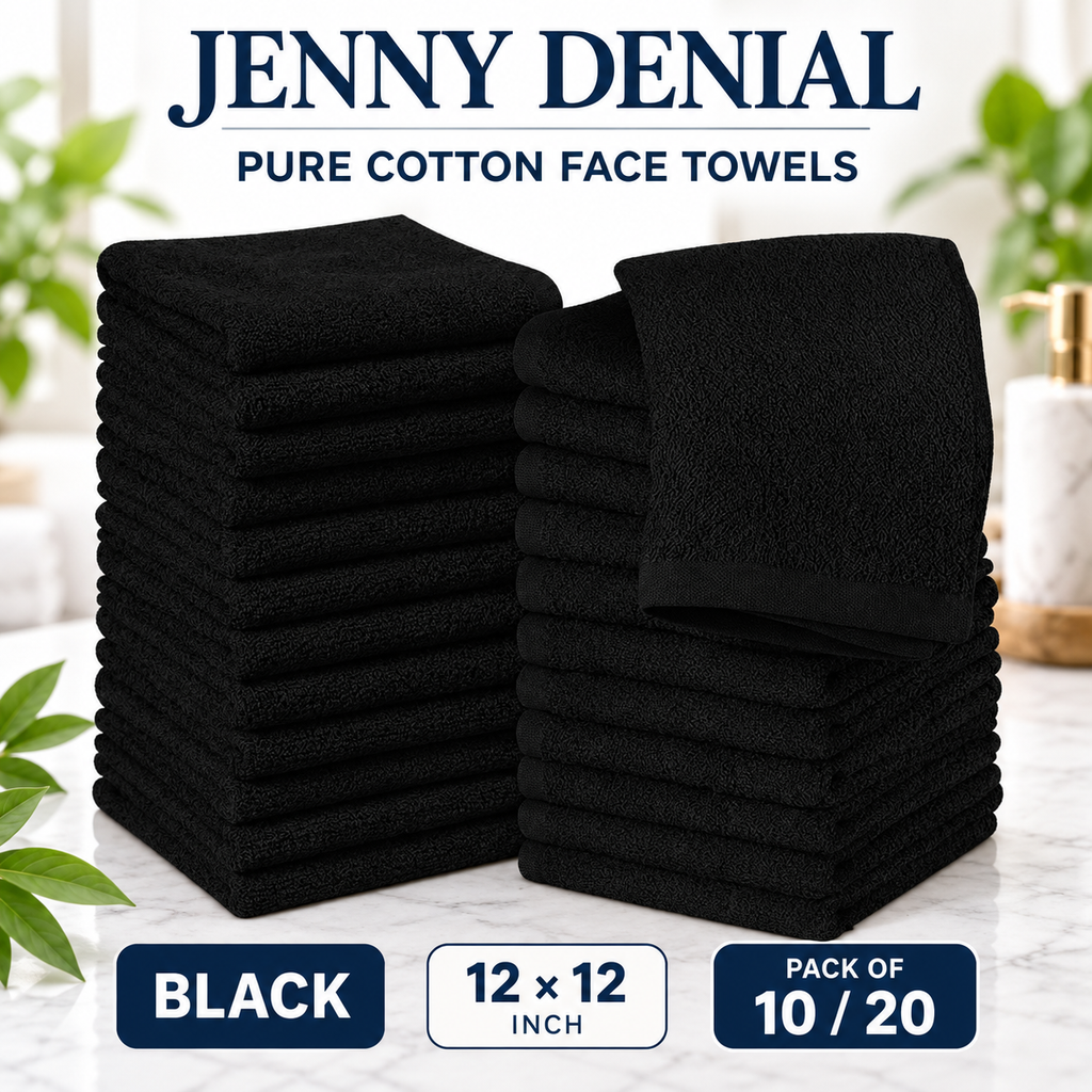 Black pure cotton face towels — 12 × 12 inches, single-colour packs of 10 or 20