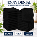 Black pure cotton face towels — 12 × 12 inches, single-colour packs of 10 or 20