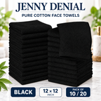 Black pure cotton face towels — 12 × 12 inches, single-colour packs of 10 or 20