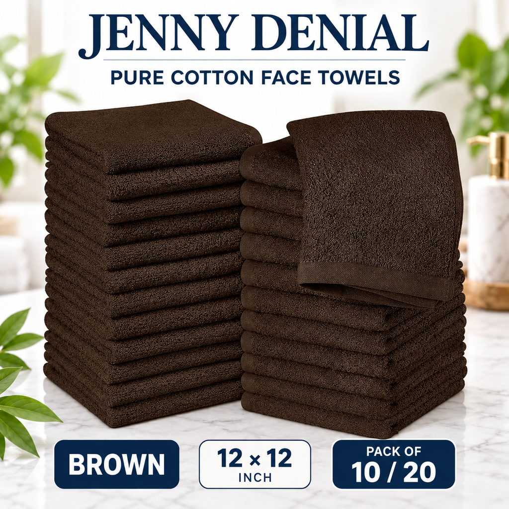 Brown pure cotton face towels, 12 × 12 inches, packs of 10 or 20