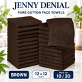 Brown pure cotton face towels, 12 × 12 inches, packs of 10 or 20