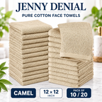 Camel pure cotton face towels, 12 × 12 inches, packs of 10 or 20