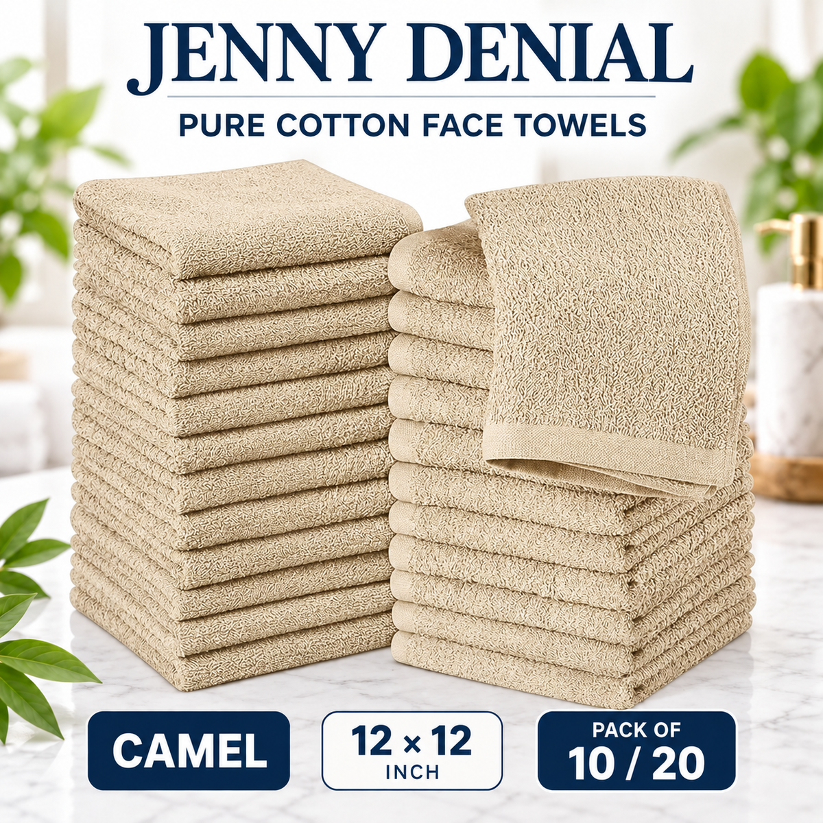 Camel pure cotton face towels, 12 × 12 inches, packs of 10 or 20