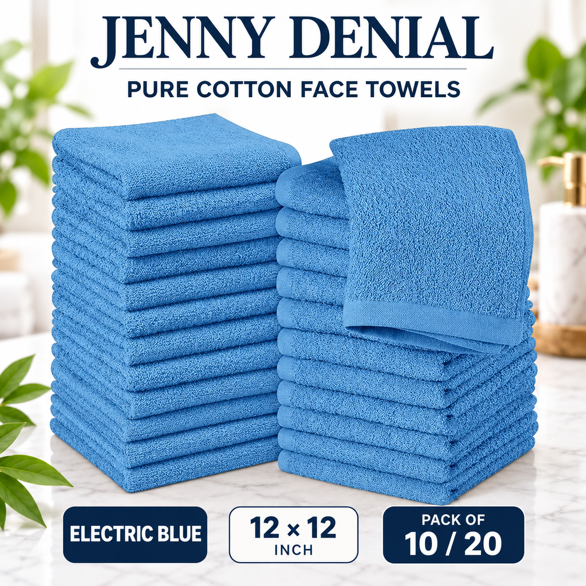 Electric Blue pure cotton face towels, 12 × 12 inches, packs of 10 or 20