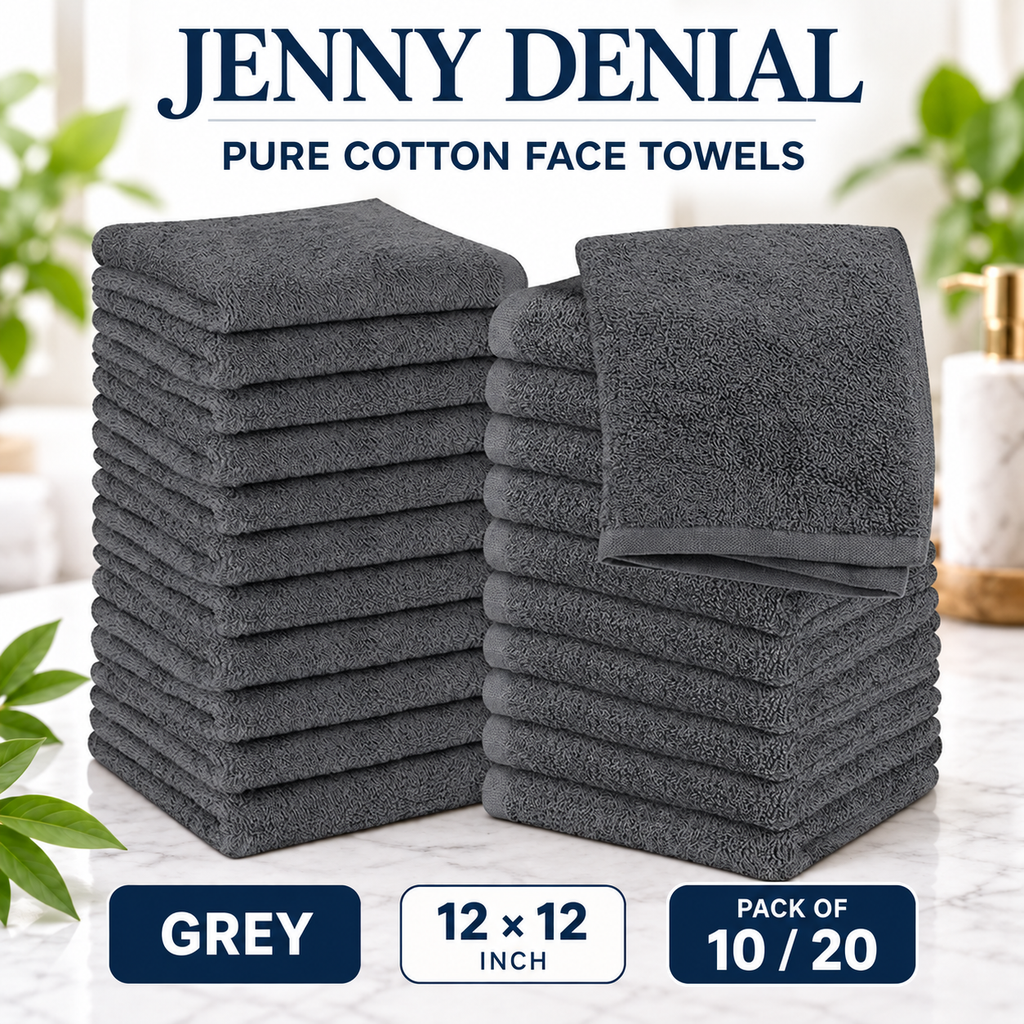 Grey pure cotton face towels, 12 × 12 inches, packs of 10 or 20