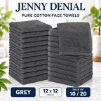 Grey pure cotton face towels, 12 × 12 inches, packs of 10 or 20