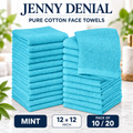 Mint pure cotton face towels, 12 × 12 inches, packs of 10 or 20