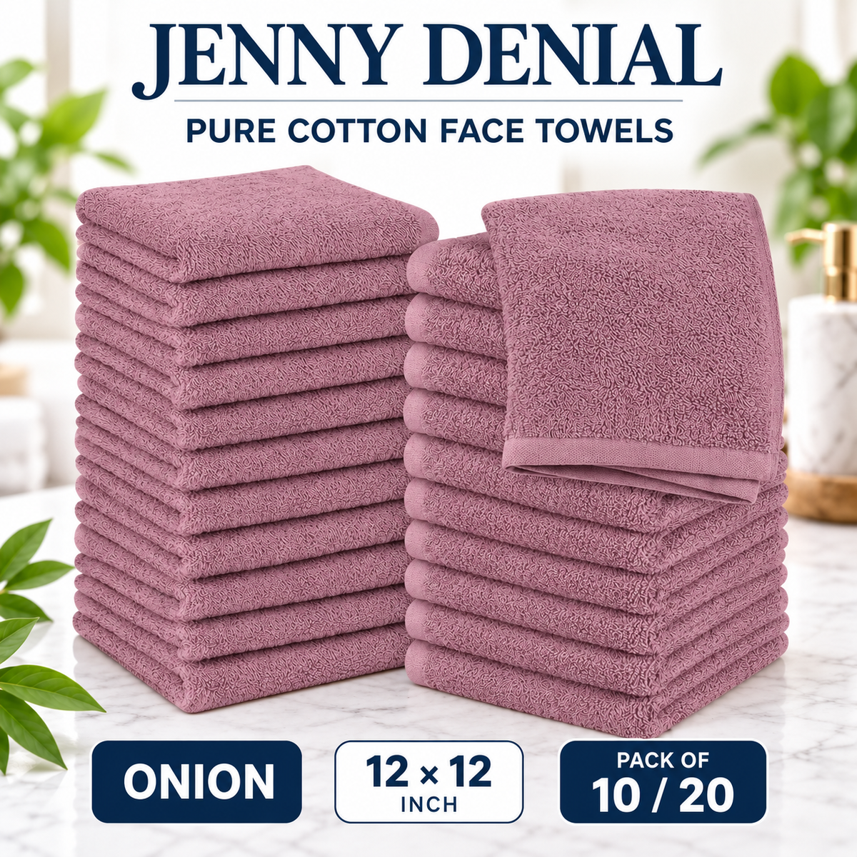 Onion pure cotton face towels, 12 × 12 inches, packs of 10 or 20