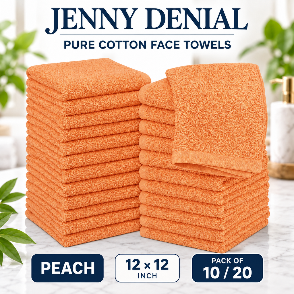 Peach pure cotton face towels, 12 × 12 inches, packs of 10 or 20