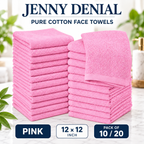 Pink pure cotton face towels, 12 × 12 inches, packs of 10 or 20
