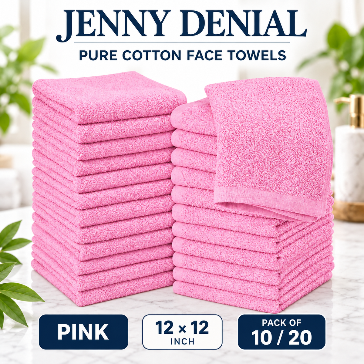 Pink pure cotton face towels, 12 × 12 inches, packs of 10 or 20