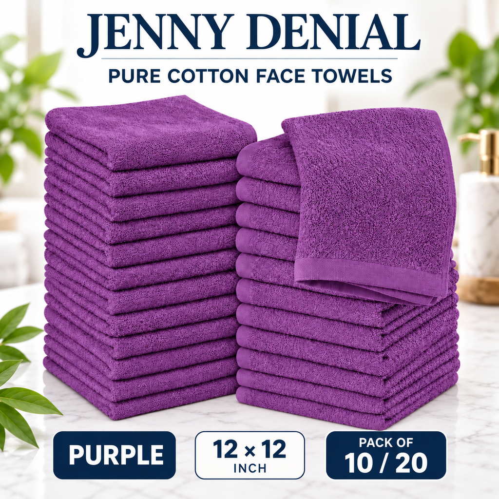 Purple pure cotton face towels, 12 × 12 inches, packs of 10 or 20
