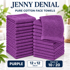 Purple pure cotton face towels, 12 × 12 inches, packs of 10 or 20