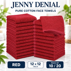 Red pure cotton face towels, 12 × 12 inches, packs of 10 or 20