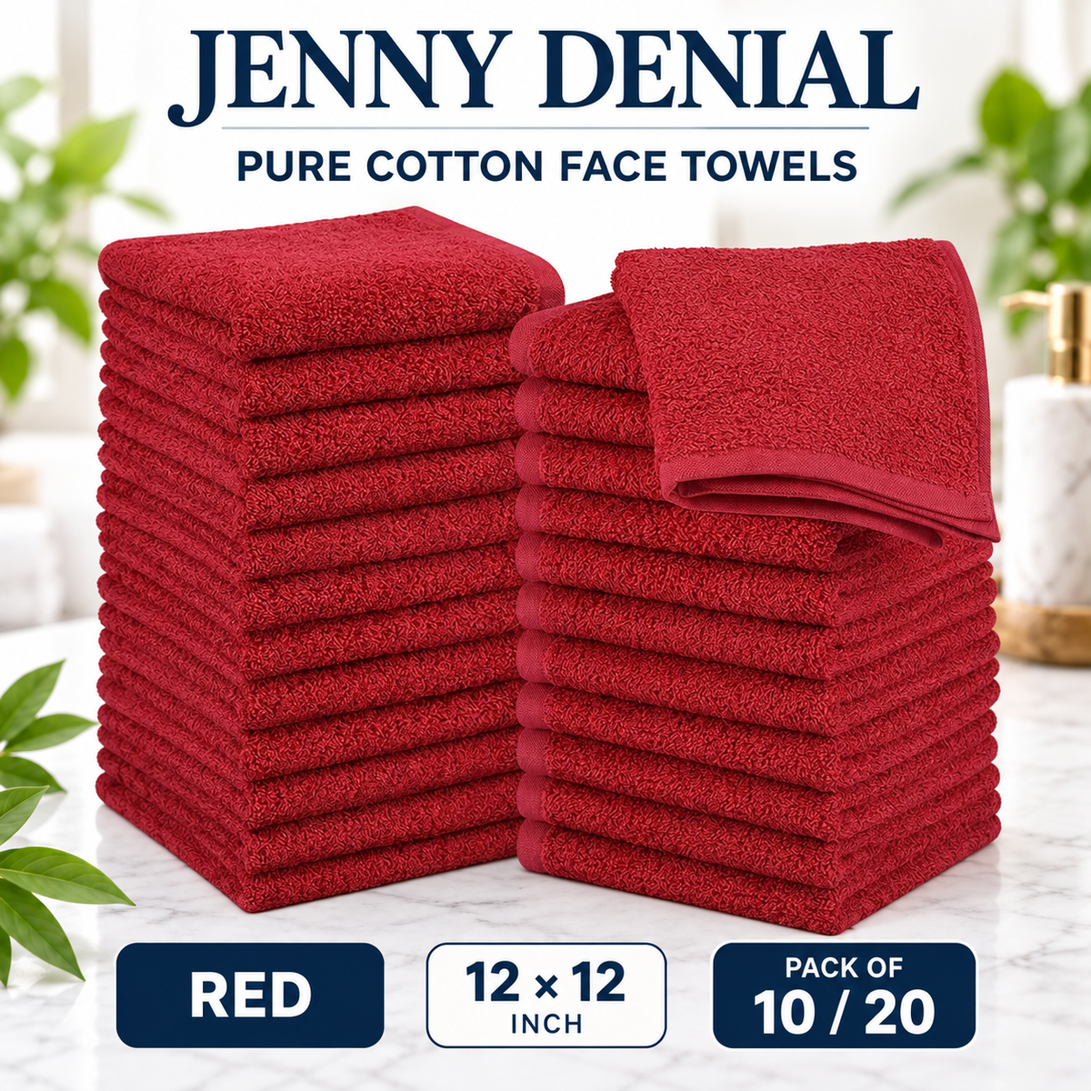Red pure cotton face towels, 12 × 12 inches, packs of 10 or 20