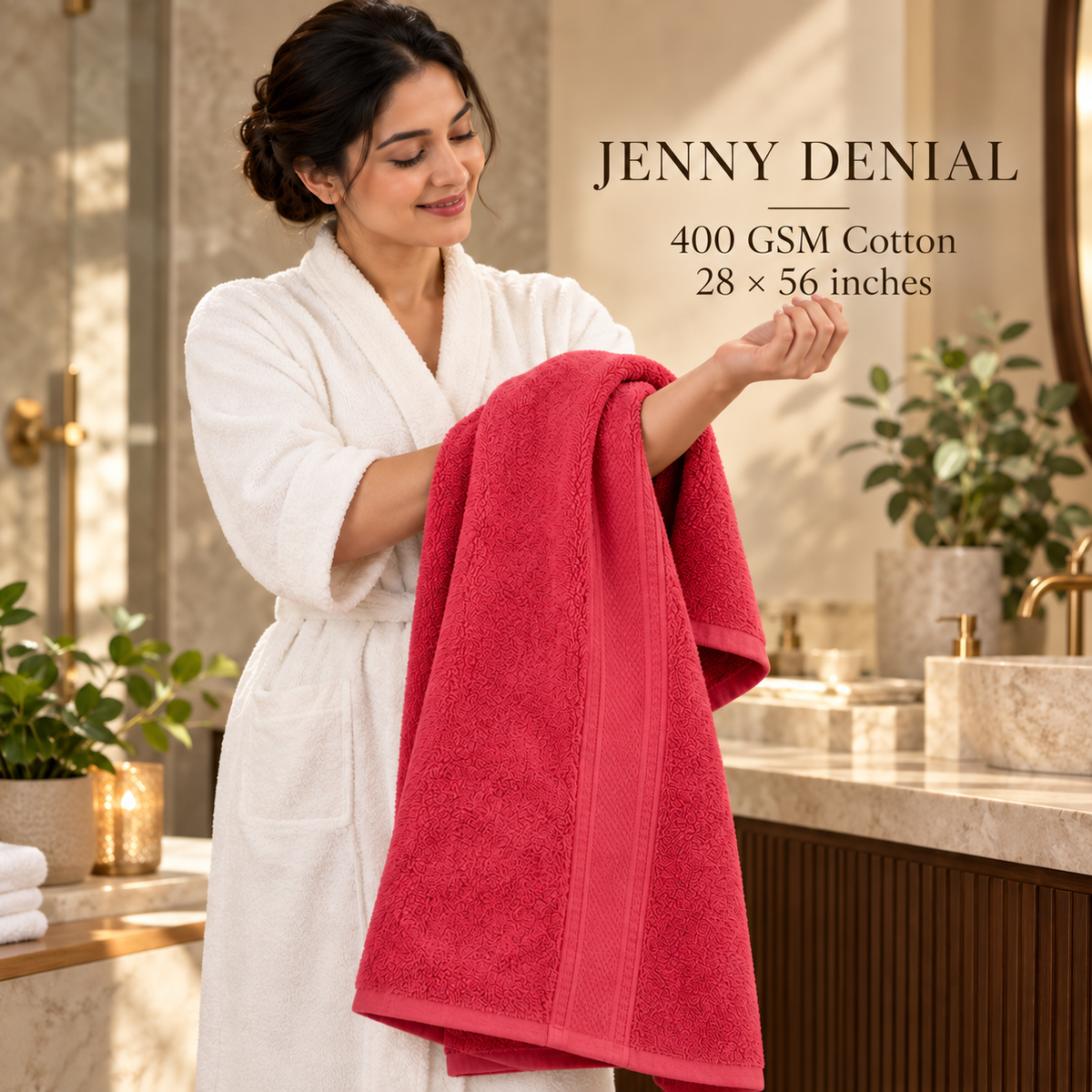 Jenny Denial red cotton bath towel, 400 GSM, 28 x 56 inches — female model using towel