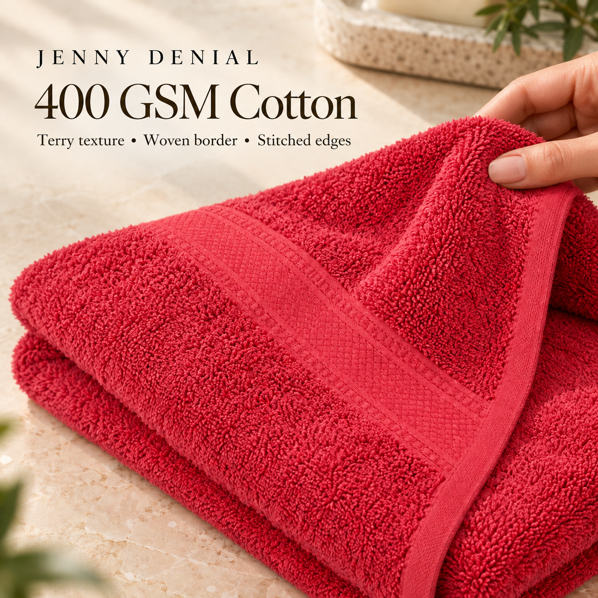 Jenny Denial red cotton bath towel, 400 GSM, 28 x 56 inches — fabric close-up