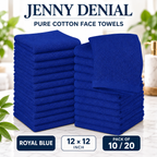 Royal Blue pure cotton face towels, 12 × 12 inches, packs of 10 or 20