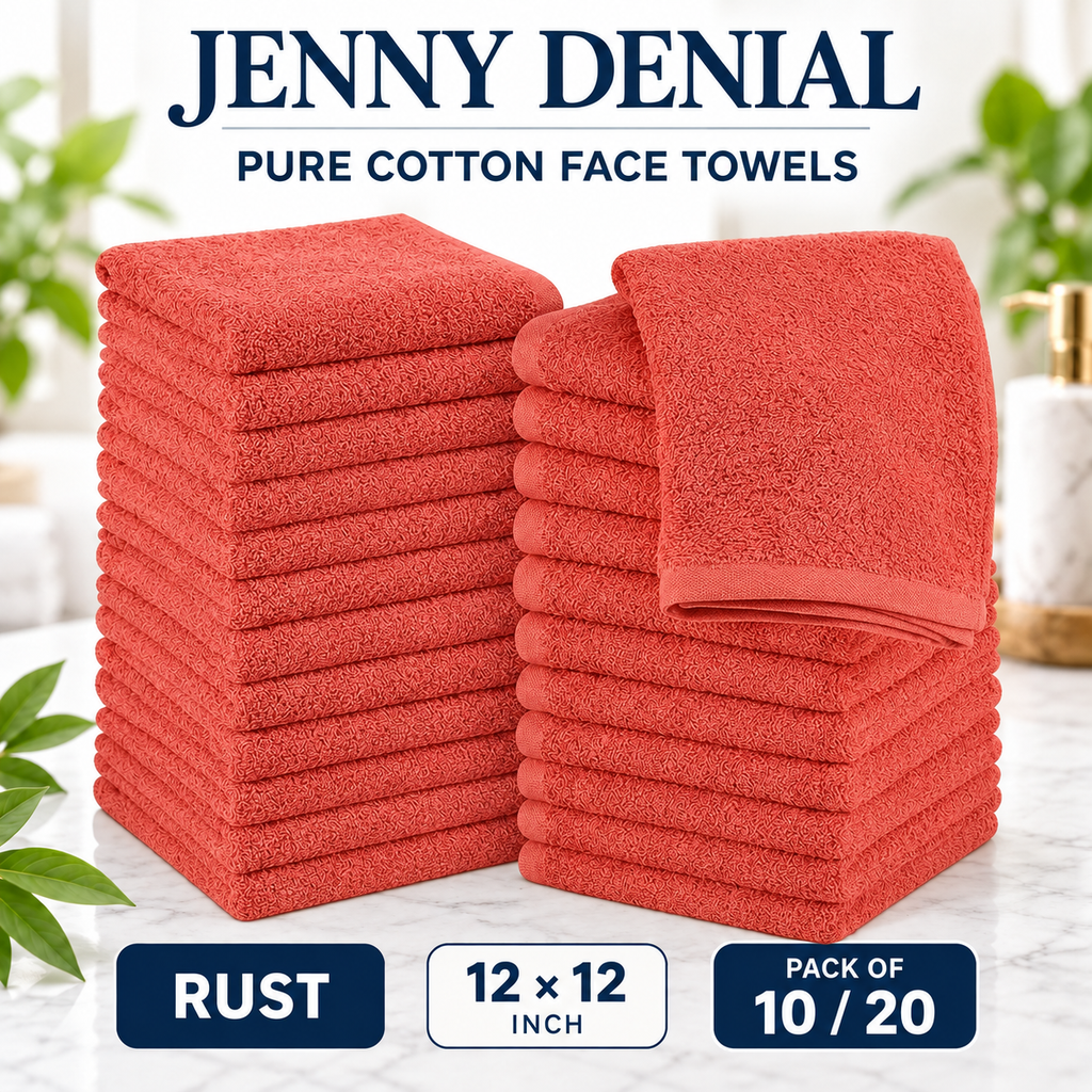 Rust pure cotton face towels, 12 × 12 inches, packs of 10 or 20