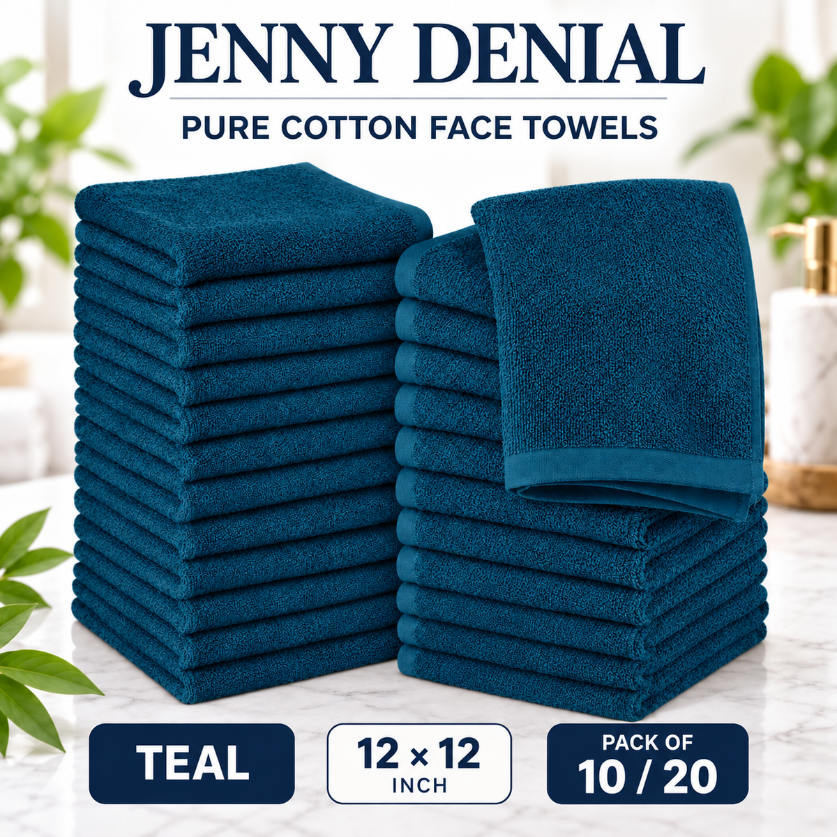 Teal pure cotton face towels, 12 × 12 inches, packs of 10 or 20