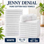 White pure cotton face towels, 12 × 12 inches, packs of 10 or 20