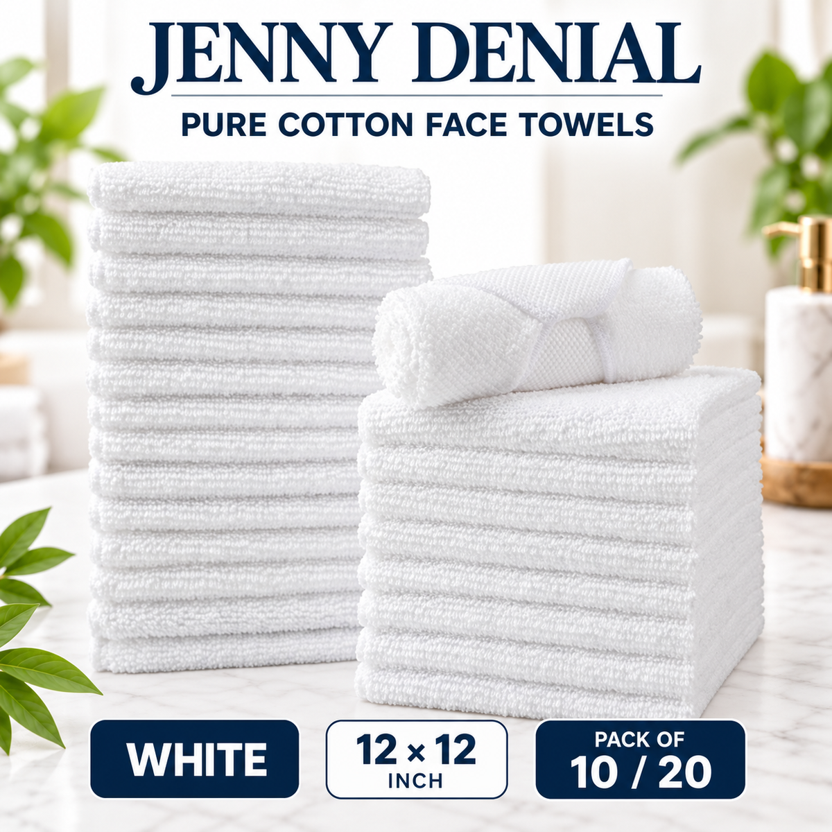White pure cotton face towels, 12 × 12 inches, packs of 10 or 20