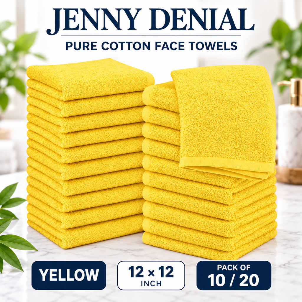Yellow pure cotton face towels, 12 × 12 inches, packs of 10 or 20