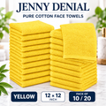 Yellow pure cotton face towels, 12 × 12 inches, packs of 10 or 20