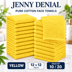 Yellow pure cotton face towels, 12 × 12 inches, packs of 10 or 20